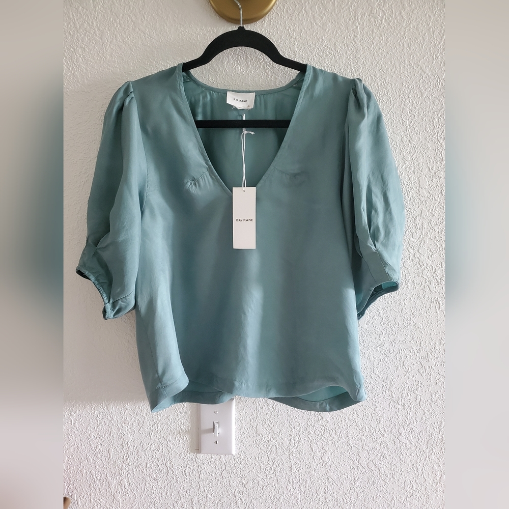 R.G Kane Blue Puff Sleeve Lightweight Blouse Top Size Small
